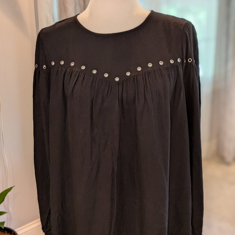 Rock & Republic Black Tunic Peasant‎ Flowy long sleeve embellished blouse, Sz S